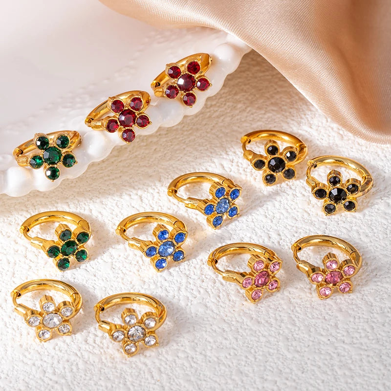 ANENJERY 316L Stainless Steel Colorful Zircon Flower Star Earrings For Women Men Personality French Party Jewelry Gift Wholesale
