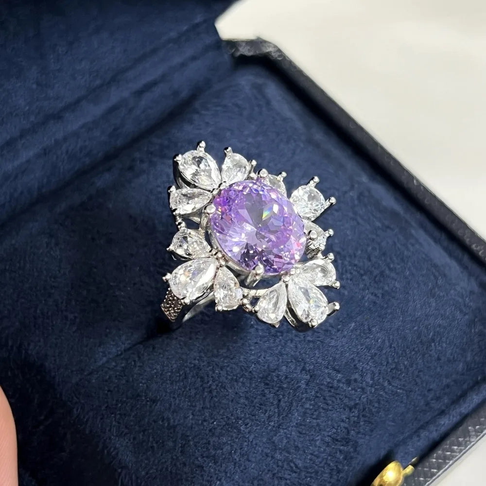 925 Sterling Silver Bright Bird's Nest Cut High Carbon Diamond Violet Flower Jewelry Set Elegant Jewelry