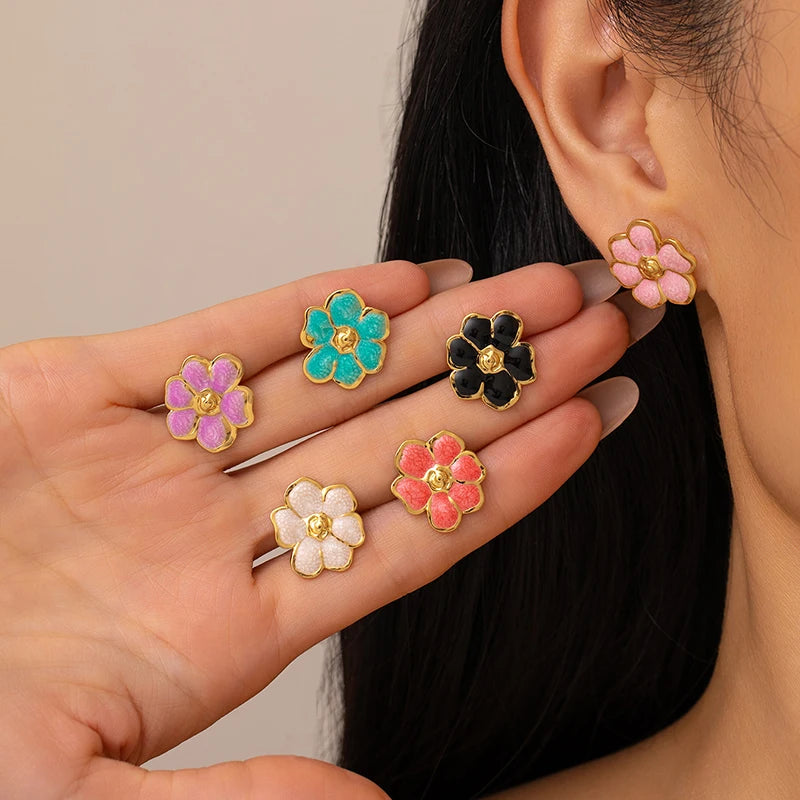 ANENJERY 316L Stainless Steel Colorful Enamel Flower Stud Earrings For Women Temperament Luxury Niche Simple Jewelry Gift