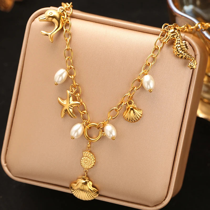 EILIECK Women's Trendy Colorful Creative Fish Pendant Necklace Stainless Steel Neck Chain Daily Water-resistant Jewelry Gift