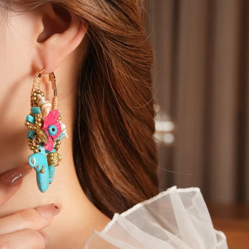 NISHIZAWA Bohemian Stones Earrings for Women Flowers Tassels Fashion Jewelry Elegant Beach Style Retro Aretes De Mujer