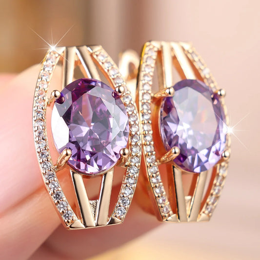 Small Geometric Cute Female Purple Zircon Stone Hoop Earrings For Women Vintage Gold Color Wedding Jewelry