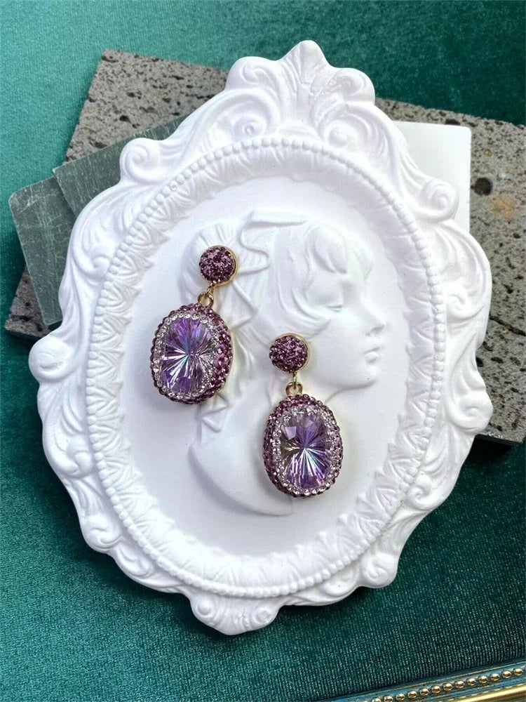 Fashion Large Purple Crystsal Dangle Earrings Cushion Cut Crystal Clay Rhinestone Crystal Jewelry for Women Party Wedding Golden