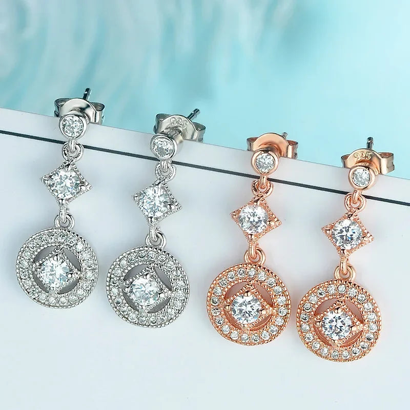 Radiant Elegance Earrings Clear CZ Crystals Surrounded Square Round Cut Ancient Women 925 Sterling SIlver Drop Earings Jewelry