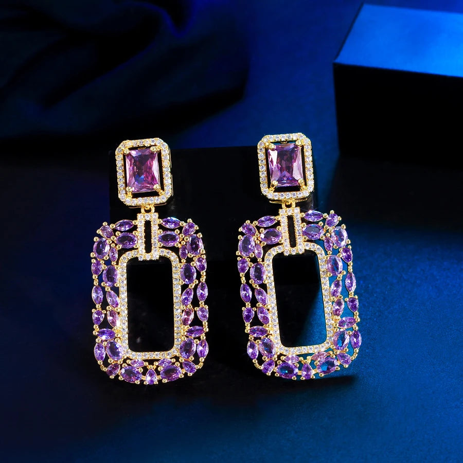 ThreeGraces New Brilliant Purple White Zirconia Long Big Rectangle Dangle Earrings for Women Luxury Bridal Party Jewelry E1963