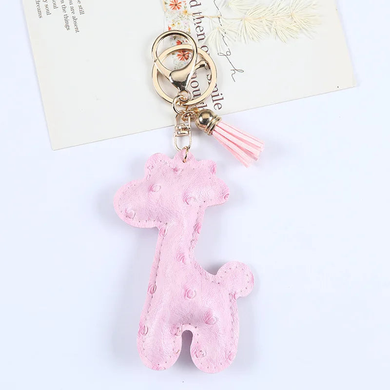 Fashion Cute PU Leather Giraffe keychain for Women Emboss Tassel Animal Key Chain Handbag Car Key Decoration Jewelry Gift