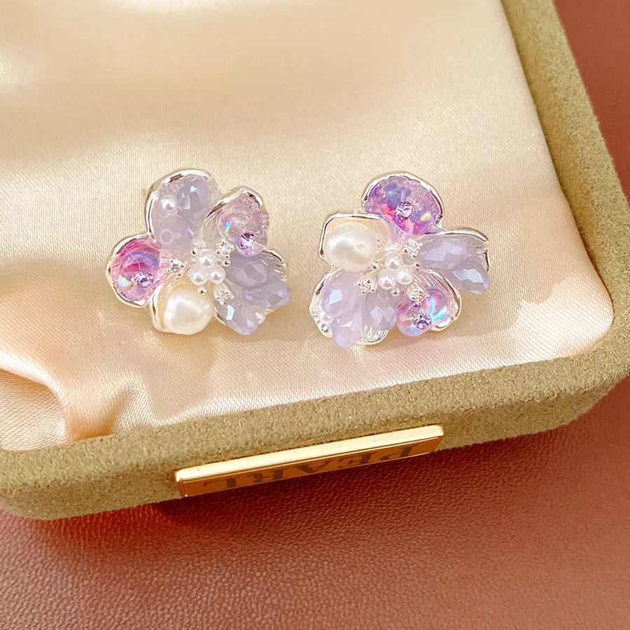 Iridescent Glass Beads Zircon Flower Stud Earrings Pastel Floral Imitation Pearl Earrings for Women Fairy Dating Daily Jewelry N