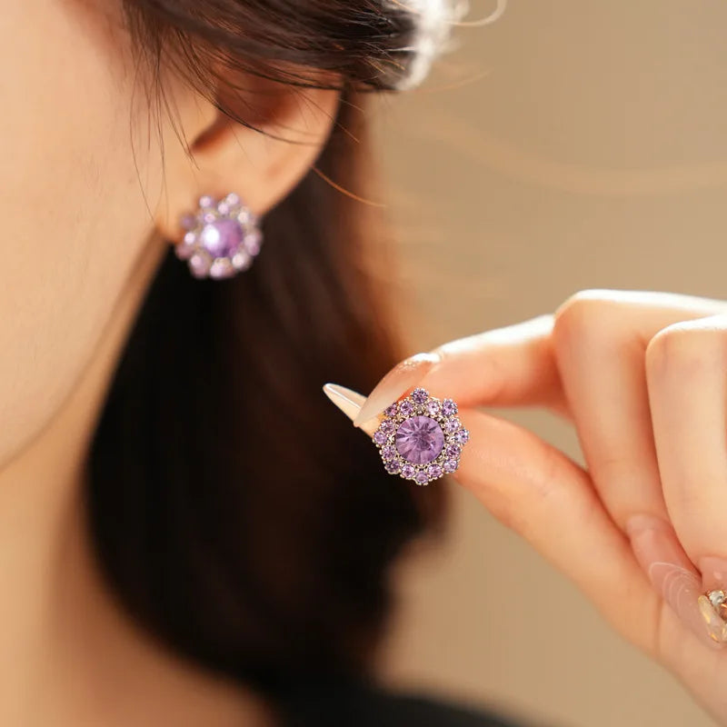 Vintage Amethyst Round Flower Cluster Necklace Bracelet Earring Jewelry Set Antique Silver Luxury Women Bridal Wedding Jewelry N