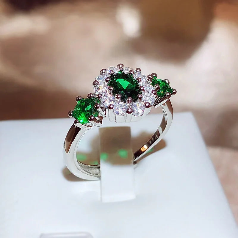 925 Stamp New Green Shiny Zircon Ring For Women's Fashion Green Ring Opening Adjustable Jewelry Bridal Engagement Ring