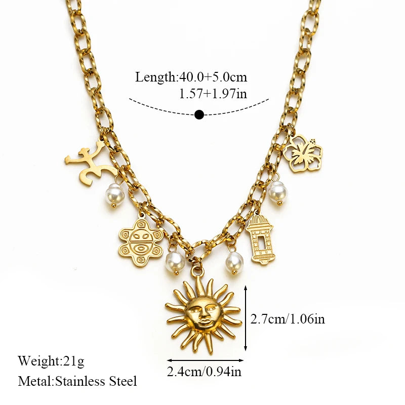 EILIECK 316L Stainless Steel Metal Gold Color Sun Moon Pendant Necklace Lady New Trendy Neck Chain Waterproof Jewelry Party Gift