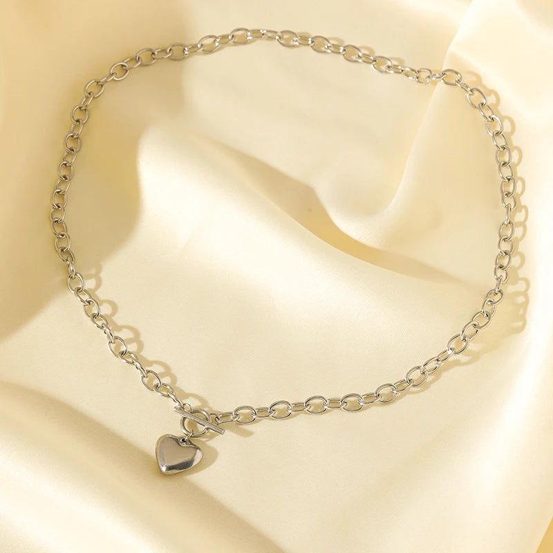 EILIECK 316L Stainless Steel Silver Color Heart Love Necklace Bracelets Set For Women Trendy OT Buckle Waterproof Jewelry Set