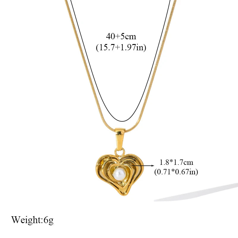 EILIECK New Fashion Stainless Steel Metal Heart Pearl Necklace Earrings For Women Trendy Gold Color Waterproof Jewelry Set Gift