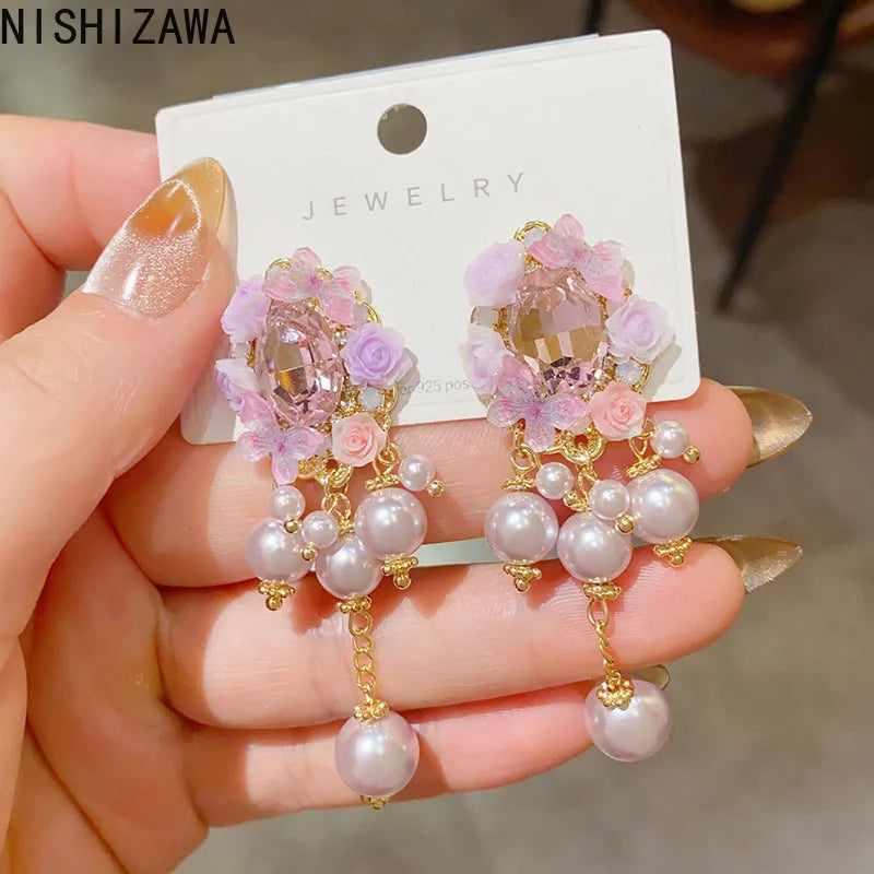 Handmade Petal Long Tassel Drop Earrings for Women Elegant Luxury Retro Flower Ear Studs Niche Design Wedding Party Jewelry Gift