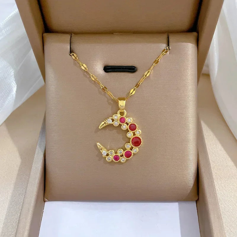 316L Stainless Steel Bending Moon Pendant Necklace For Women Girl New Trend Gold Color Crystal Neck Chain Jewelry Gift