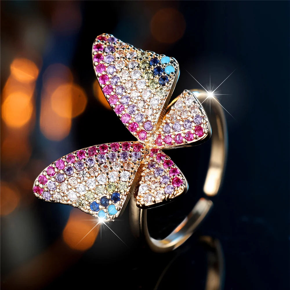 Charm Female Rainbow Butterfly Stone Adjustable Open Ring Gold Silver Color Cute Gift Wedding Jewelry For Women