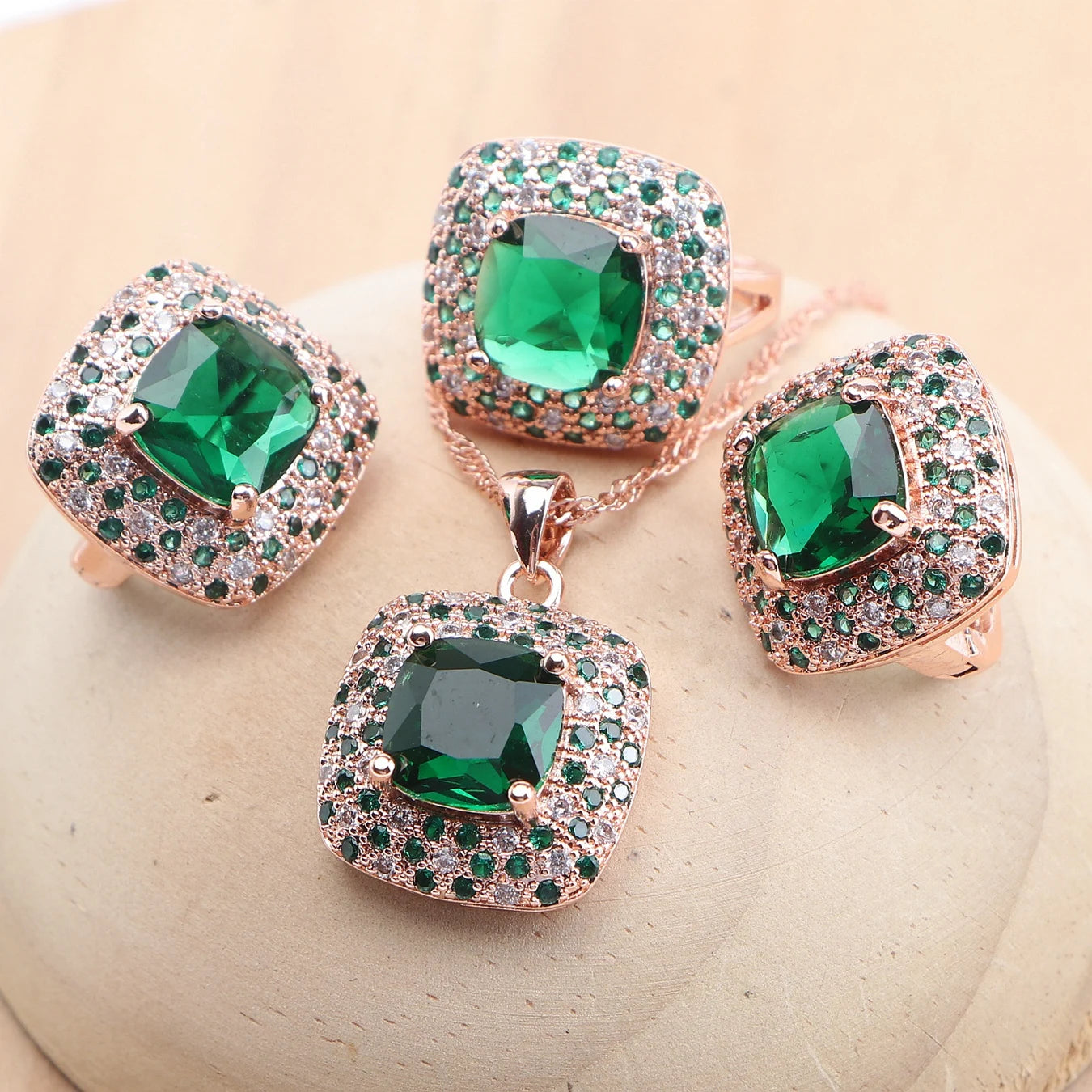 Bridal Jewelry Sets 925 Sterling Silver Rose Gold Color Red Zircon For Women Earrings Rings Pendant Wedding Necklace Set