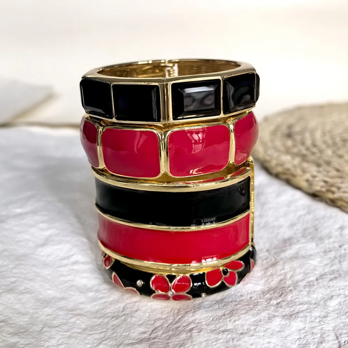 KMVEXO Gothic Punk Black Red Enamel Wide Bangles For Women Men Exaggerated Fashion Metal Bangle Bracelets Gift Vintage Jewelry
