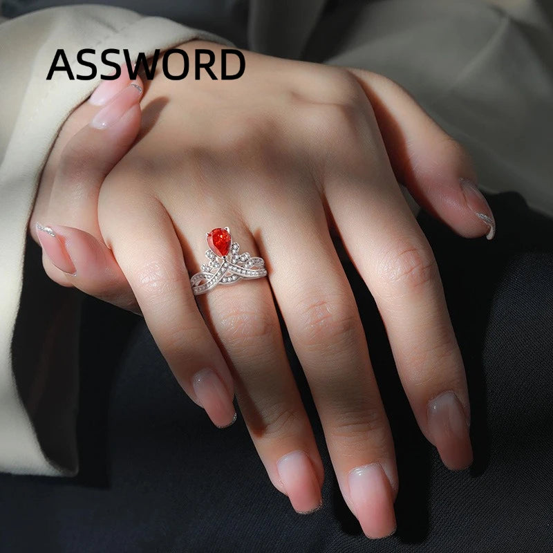 925 Sterling Silver Crown Teardrop Ice Flower Cut Cubic Zirconia Ring Twisted Split Shank Wedding Jewelry Gift for Women