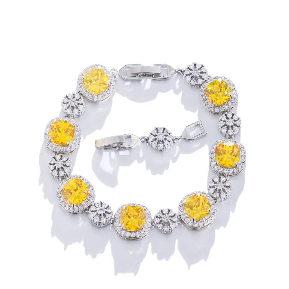 ThreeGraces Sparkly Yellow Cubic Zirconia Silver Color Geometric Square CZ Wedding Statement Bracelet for Women Jewelry BR295