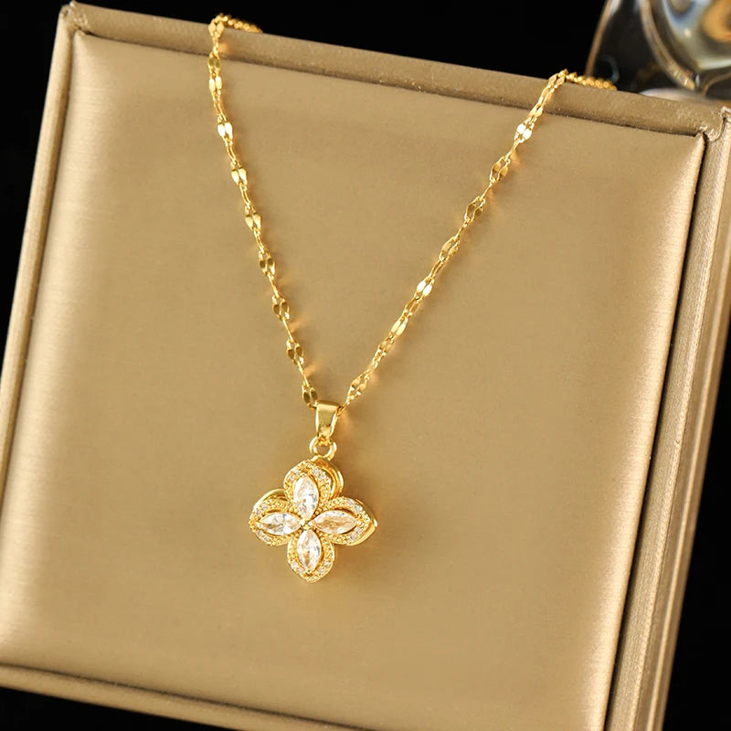 EILIECK New Fashion Stainless Steel Rotating Green Clover Zircon Necklace Bracelet Set For Women Trendy Waterproof Jewelry Gift