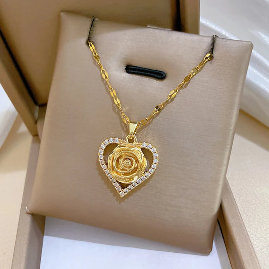 Unique Heart CZ Rose Flower Design Women's Pendant Necklace Aesthetic Bridal Wedding Accessories Gift for Mother's Day New