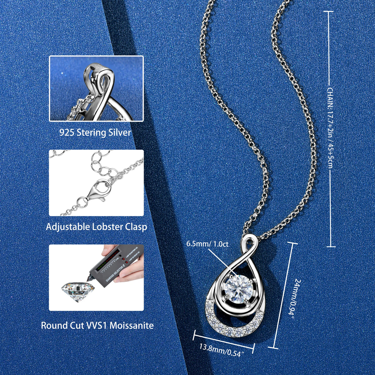OXTAO 1CT 6.5MM Moissanite Infinity Pendant Necklace Certificated for Women 925 Sterling Silver Chain Necklace Christmas Jewelry