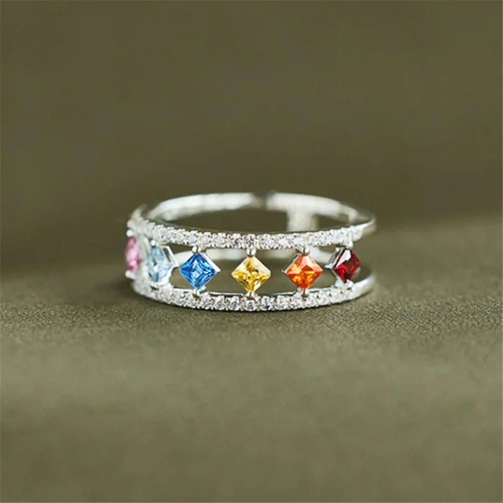 Cute Female Rainbow Zircon Stone Silver Color Wedding Jewelry Promise Love Engagement Rings For Women