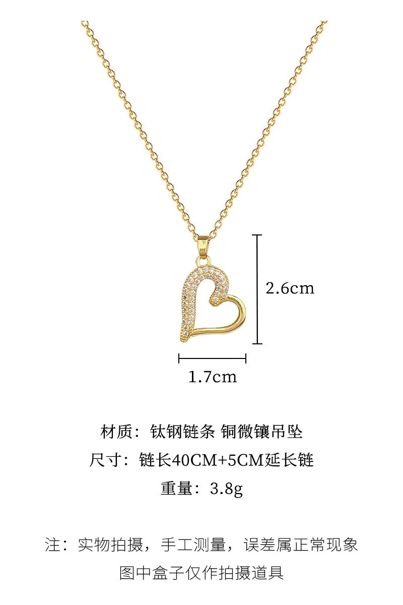 Luxury Heart Necklace for Women Full Paved Bling Cubic Zirconia 14k Gold Color Exquisite Necklace Female Wedding Jewelry