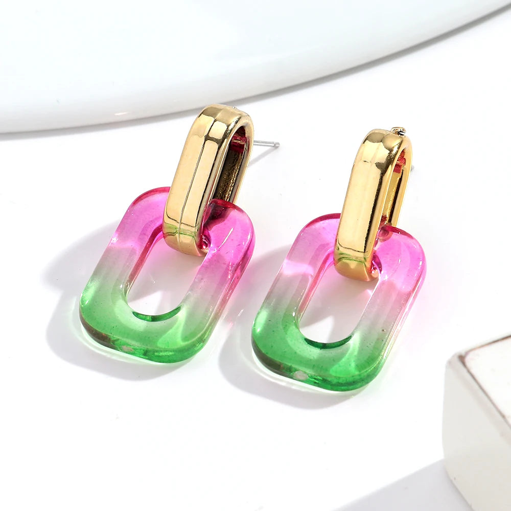 Fashion Acrylic Gradient Color Geometric Buckle Drop Earrings Transparent Iridescent Rectangle Earrings Women Wedding Jewelry