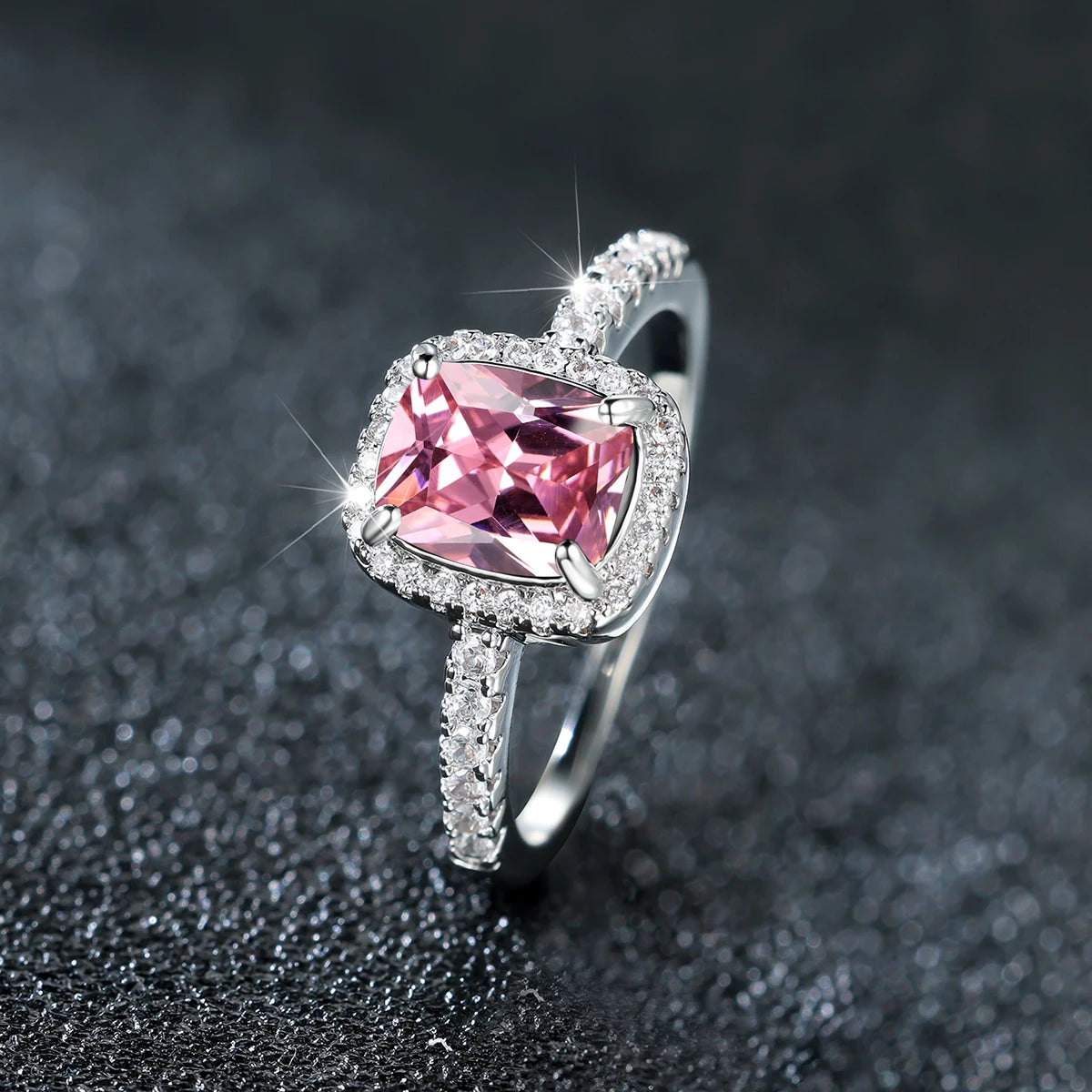 Luxury Female Girl Big Crystal Pink Square Zircon Stone Ring Silver Color Wedding Jewelry For Women