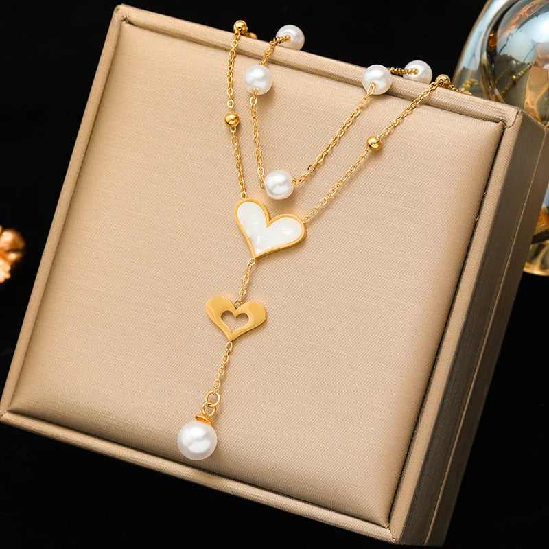 EILIECK 316L Stainless Steel Butterfly Pearl Long Pendant Necklace For Women Fashion Choker Clavicle Chain Waterpro Jewelry Gift