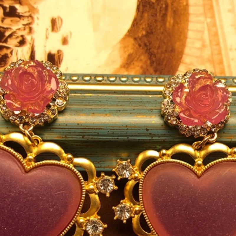 NISHIZAWA Gemstones Hearts Earrings for Women Palace Style Sweet Vintage Pendientes Mujer Fashion Elegant Simple Jewelry