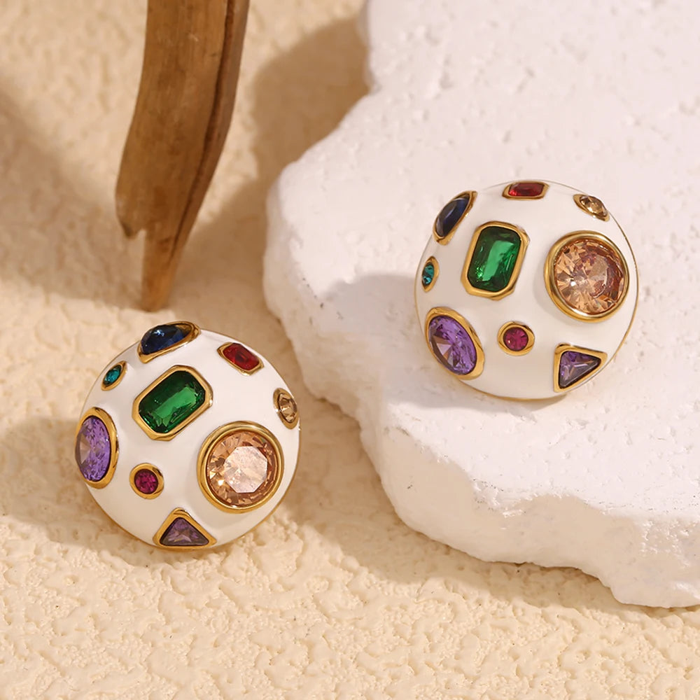 E.B.belle White Enamel Geometric Colored Zirconium Spherical Earrings 18K Gold Plated Gift 316L Stainless Steel Women's Earrings