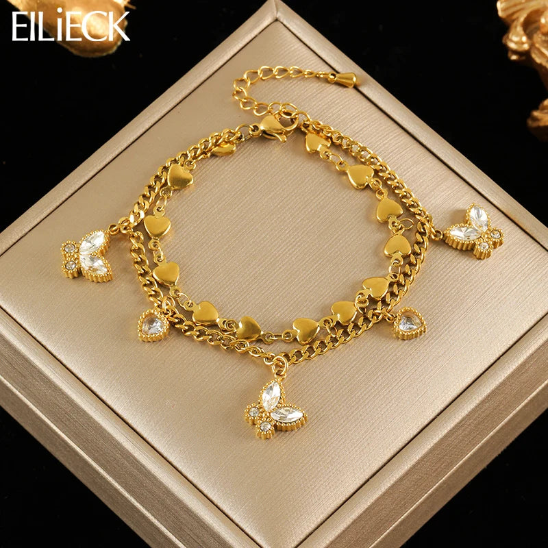 EILIECK 316L Stainless Steel Cubic Zirconia Butterfly Chain Bracelet For Women New Rust Proof Office Ladies Chic Jewelry Gift