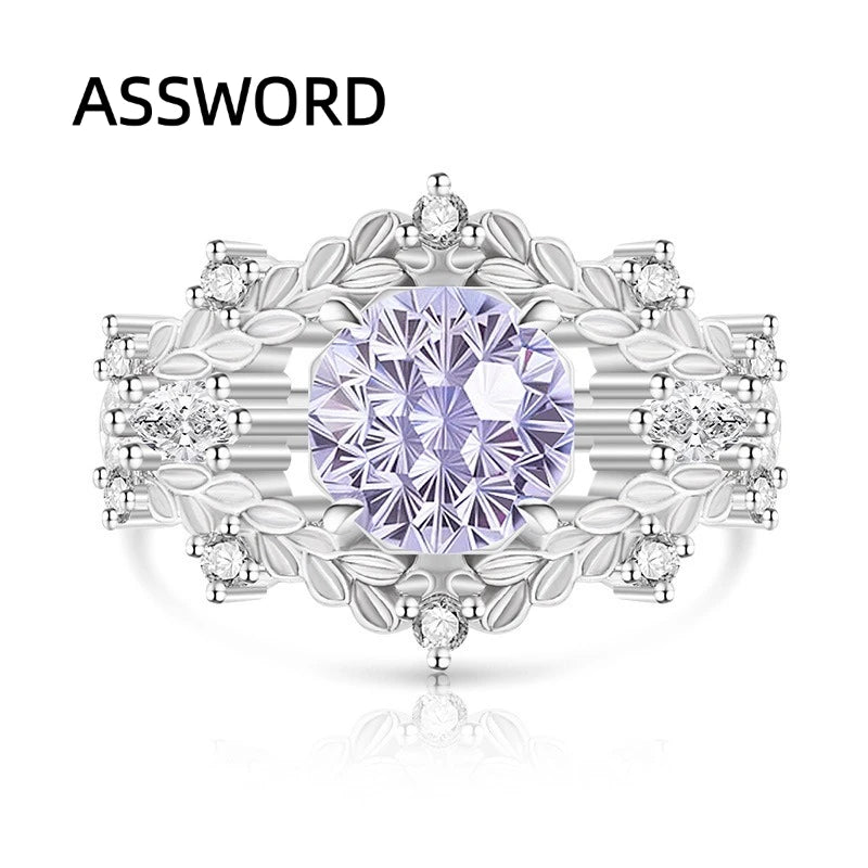 925 Sterling Silver Vintage Leaf Flower Ring Round Ice Flower Cut Cubic Zirconia Wedding Band Luxury Fine Jewelry Gift for Women