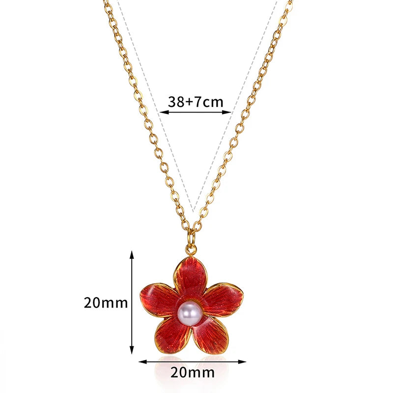 ANENJERY 316L Stainless Steel Enamel Colorful Flower Pearl Pendant Necklace For Women Sweet French Luxury Jewelry Gift Wholesale