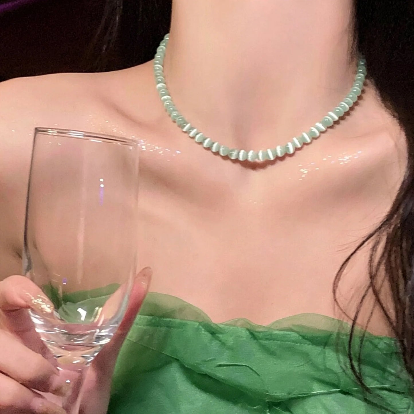 2026 Summer Trendy Candy Color Crystal Opal Beaded Cat's Eye Stone Bead Choker Necklace For Women Fashion Aesthetic Accessories