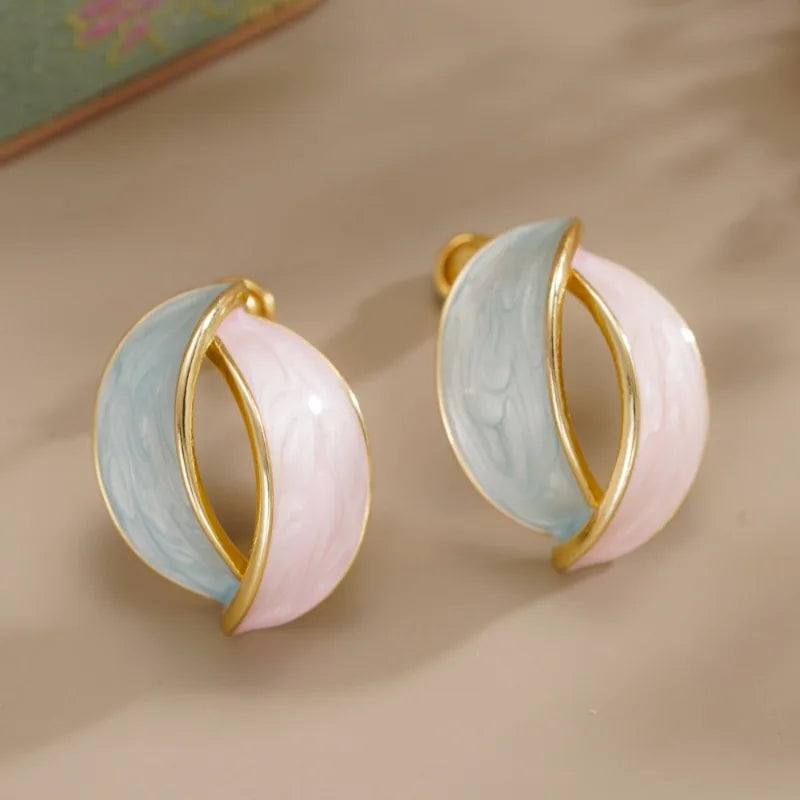 Elegant Wave Design Lady Stud Earring Fresh Style with Pink/Mint Green Enamel Aesthetic Party Accessories Wedding Trendy Jewelry