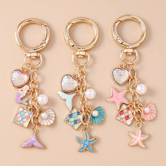 Summer Beach Mermaid Shell Starfish Keychain Women Girls Pearl Love Heart Key Ring Pendants for Handbag Decor DIY Jewelry Gifts
