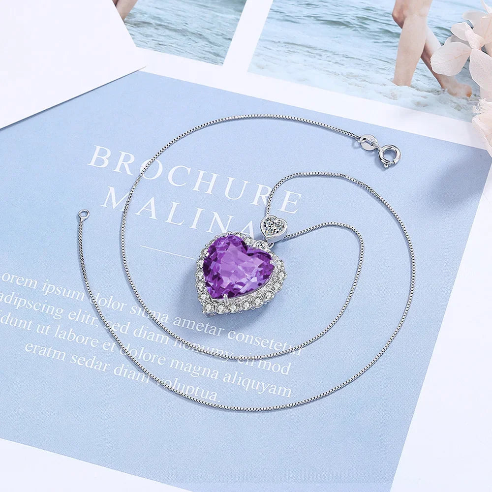 S925 Sterling Silver Women's Necklace with Purple Love Gemstone Pendant Adjustable Length 40cm to 45cm Luxury Jewelry