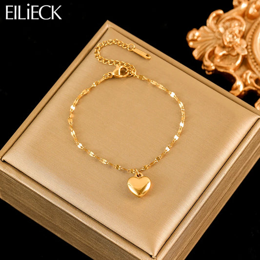 EILIECK New Fashion Heart Love Charm Bracelet For Women Trendy Wrist Chain Stainless Steel Metal Jewelry Bangles Lady Gift