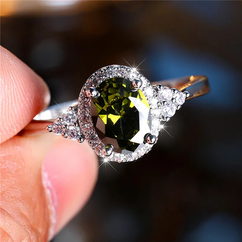 Cute Female Black Oval Zircon Stone Engagement Ring Trendy Silver Color Bride Wedding Jewelry Gift For Women