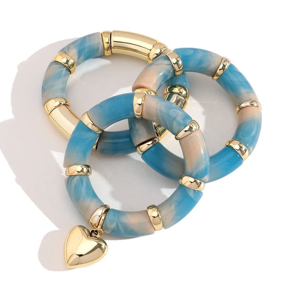 New Acrylic Thick Tube Bead Bracelets Set Fashion Geometric Bamboo Beaded Bangle Bracelets Jewelry Gifts Accessory