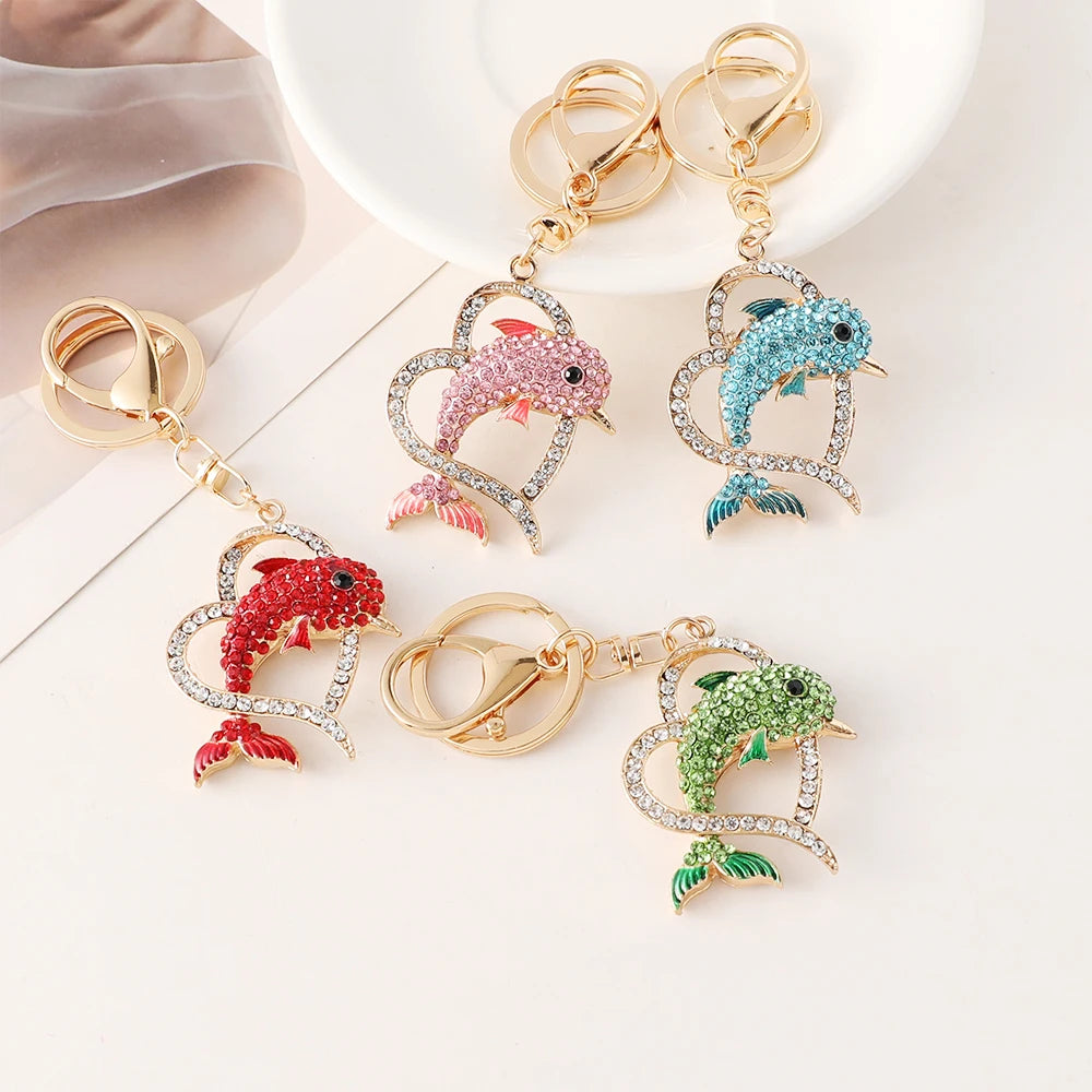 Dolphin Love Key Chain Women's Luxury Bag Pendant Crystal Rhinestone Key Ring Marine Animal Gift for Family Girlfriend