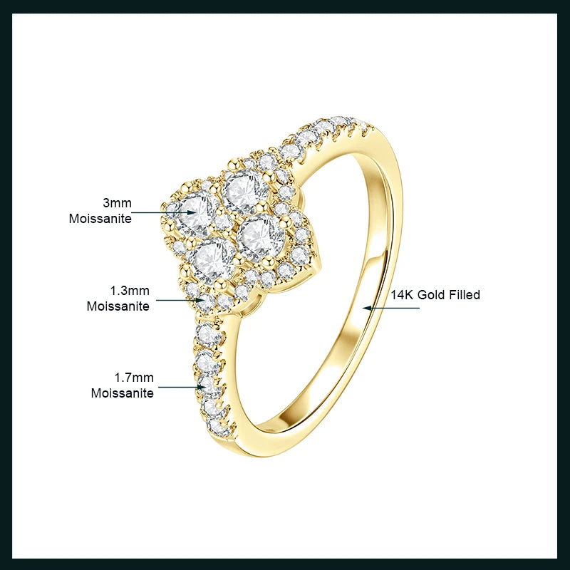 OXTAO Moissanite Four Leaf Flower Ring 3mm D VVS1 for Women Anniversary Gifts 14K Gold Filled Lab Imitation Diamond Wedding Ring