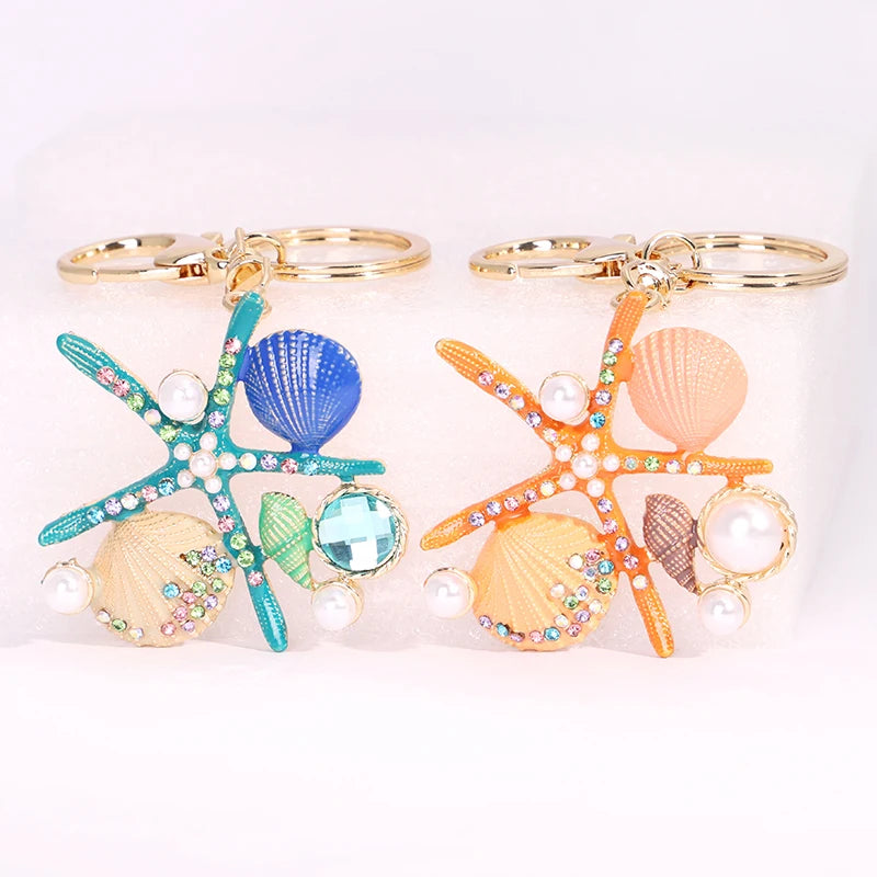 EASYA 2 Colors Sea World Crystal Starfish Keychain Fashion Simulated Pearl Shell Keyring Holders For Women Bag Car Key Chains