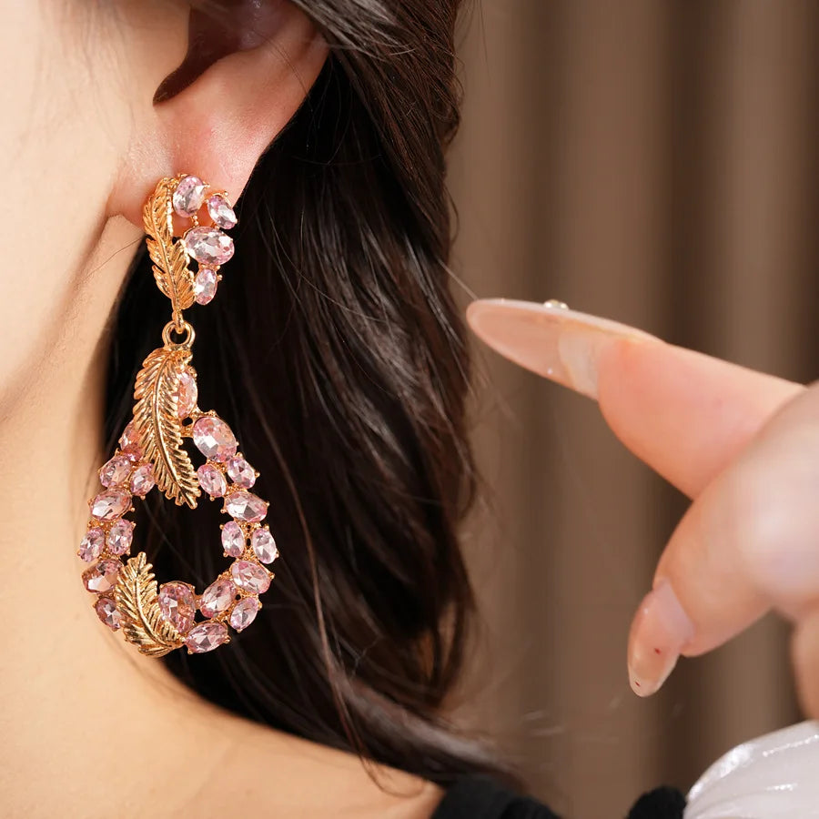 Vintage Rhinestone Inlaid Feather Drop Earrings Retro Style Light Luxury High Grade Elegant Exquisite Stud Ear Jewelry For Women