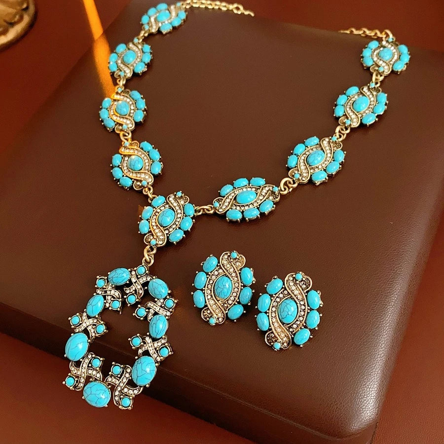 1/2 Pcs Vintage Cross Blue Oval Pendant Neckalces Women Mediaeval High-End Dangle Earrings Statement Banquet Jewelry Sets N