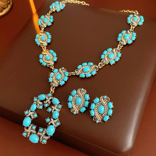 1/2 Pcs Vintage Cross Blue Oval Pendant Neckalces Women Mediaeval High-End Dangle Earrings Statement Banquet Jewelry Sets N