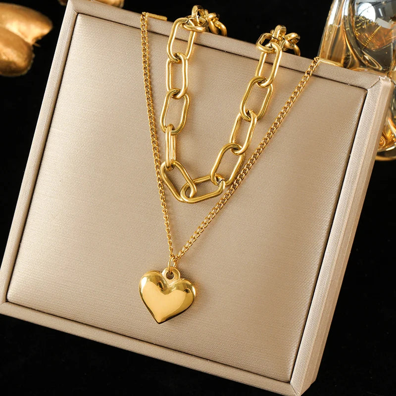 EILIECK 316L Stainless Steel Metal Geometric Heart Pendant Necklace For Women Gold Color Multilayer Neck Chain Jewelry Lady Gift